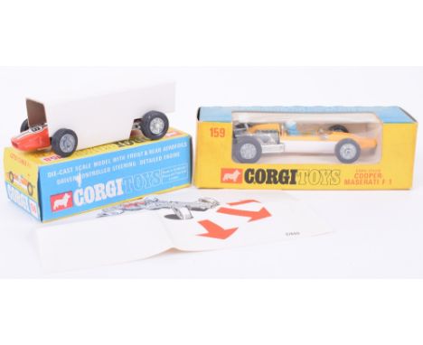 Boxed Corgi Toys  158 Lotus Climax Formula 1 Racing Car, orange / white body, blue driver, controlled steering, no ‘8’ cast w