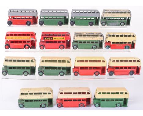 Fifteen Dinky Double decker buses, including twelve 29c and 290 Double deckers in Green/grey, red/grey, red/cream and green/c