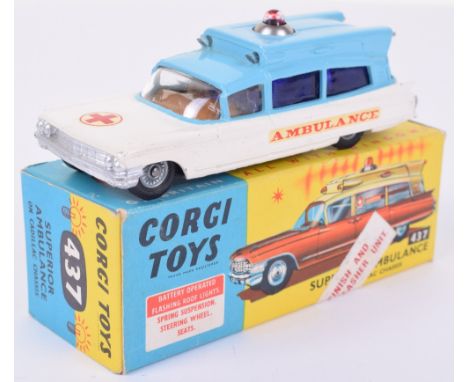 Corgi Toys 437 Superior Ambulance on Cadillac Chassis, light blue/white body, red cross to bonnet, cast wheel hubs, in near m