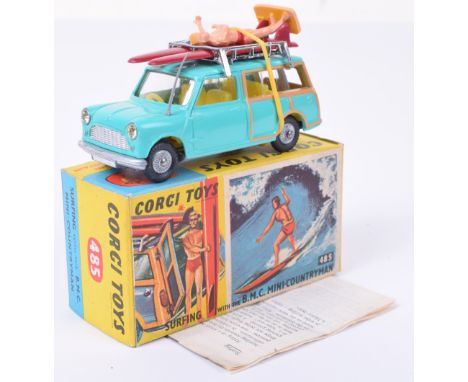 Corgi Toys 485 Surfing with The B.M.C. Mini Countryman, turquoise body, yellow interior, silver grille, cast wheel hubs, comp