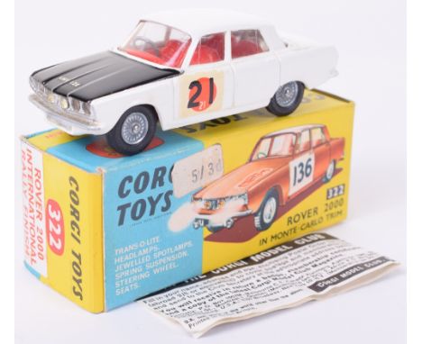 Corgi Toys 322 Rover 2000 International Rally Finish, white body, gloss black bonnet, red interior, cast wheel hubs, ‘Sun Ral