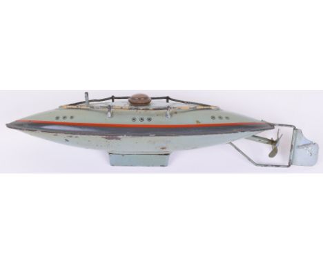 1920’s-30’s Fleischmann (Germany) Clockwork Tinplate Submarine, dark/light grey body, red stripe, metal hand rail,clockwork m