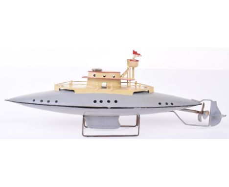 German Clockwork Tinplate Submarine, possibly Fleischmann, repainted grey and cream, working clockwork motor. Approx. 30.5cms