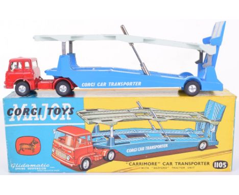 Corgi Major Toys 1105 Carrimore Car Transporter with Bedford TK Tractor Unit, red cab, yellow interior, blue/light grey trail