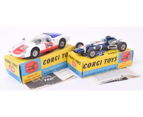 Two Boxed Corgi Toys, 330 Porsche Carrera 6, white body, red doors/bonnet, racing no 60, blue engine cover, cast wheels, blac