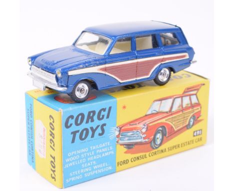 Corgi Toys 491 Ford Consul Cortina Super Estate Car, metallic blue body, white interior, spun wheels, in good original condit