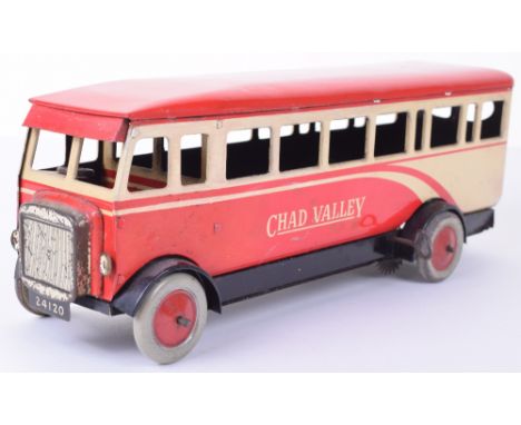 Chad Valley tinplate c/w Single decker bus, finished in red with Chad Valley to sides, grill with 24120 number plate, red/gre