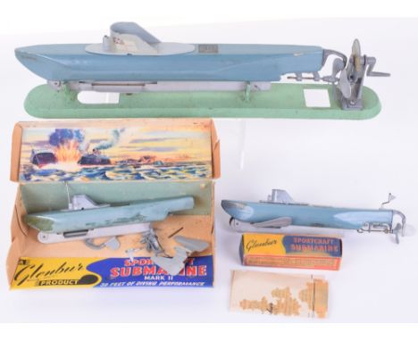 Three Glenbur Sportcraft Submarines, Glenbur MKI Submarine, 35cm long, wooden hull, rubber powered with metal winding mechani