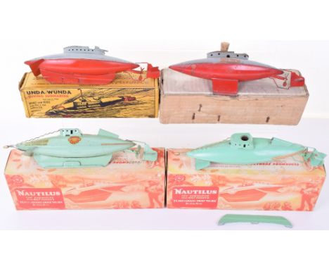 Four Boxed  Sutcliff Submarines, pre war Unda -Wunda, grey/red, clockwork mechanism not working, in plain card box, with inst