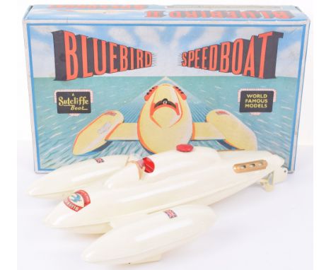Sutcliffe Bluebird II Speedboat, circa 1958, cream body, windscreen, Union Jack- “Bluebird” decals, missing key, clockwork me