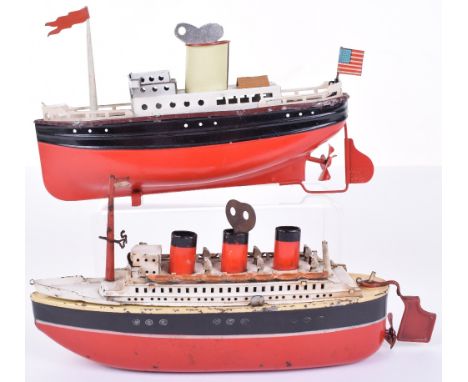 Fleischmann (Germany) Clockwork Tinplate Single Funnel Liner, red/black hull, brown deck, white superstructure. One mast with