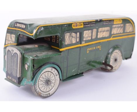 Brimtoy tinplate c/w Green Line Single Decker bus, green, tin printed details, London to front and rear and other destination