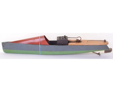 Bowman wooden Steam Launch, wooden hull painted green and grey, tan deck and red tinplate cover, steam engine operating rudde