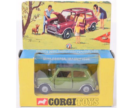 Corgi Toys 334 Mini Cooper ‘Magnifique’ metallic green body,sunshine roof, cast wheels, cream interior, in mint original cond