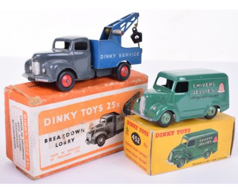 Dinky boxed 452 Chivers Trojan Delivery van and a 25x Commer Breakdown truck, dark green with mid-green hubs, very good to ex