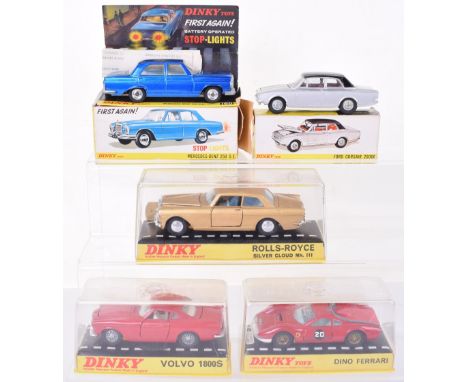 Five Boxed Dinky Toys Cars,116 Volvo 1800S, red body, perspex box, 127 Rolls Royce Silver Cloud Mk.III gold body, light blue 