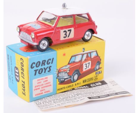 Corgi Toys 317 Monte-Carlo B.M.C. Mini Cooper S, red body, white roof, yellow interior, spun wheel hubs, roof spotlight, in n