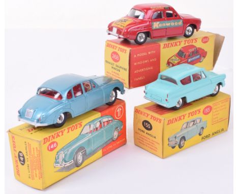Dinky three boxed cars, 146 Daimler 2.5 V8, metallic pale green, 155 Ford Anglia, turquoise, 268 Renault Dauphine Minicab, al