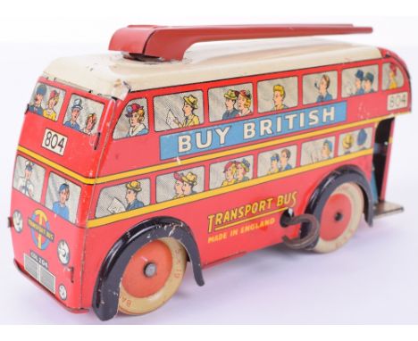 Brimtoy tinplate c/w Double Decker Trolley bus 804, red with white roof and tin printed Buy British and British Toys are Best