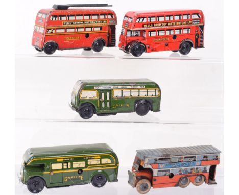 Five Wells and Brimtoy tinplate pocketoy buses, Trolley bus red 516, Transport red double decker, two single decker Green Lin
