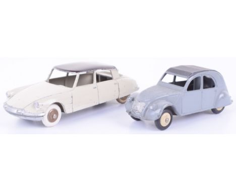 Two  Citroen French Dinky Toys, 24c Citroen DS 19, cream body, black roof and 24t Citroen 2CV, two tone grey, cream wheel hub