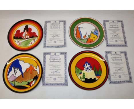 Four Wedgwood Clarice Cliff Bradford Exchange wall plates, patterns comprising 'Fantasque Mountain', 'Poplar', 'Farmhouse', a