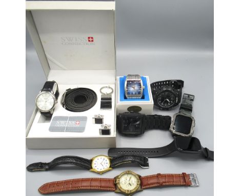 Swiss Connection stainless steel quartz wristwatch with gentleman's accessories; Diesel stainless steel quartz wristwatch wit