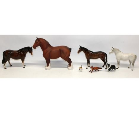 Collection of animal figures, comprising Beswick Arab Stallion 1771, Beswick Burnham Beauty, Beswick Collie dog, Beswick fox,