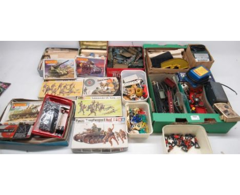 Three vintage matchbox 1/76 scale diorama armour kits and other kits started or incomplete, and vintage unboxed corgi toy far