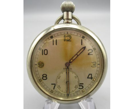 Doxa British Military Issue G.S.T.P. chrome keyless pocket watch, signed silvered Arabic dial, signed case back stamped Broad