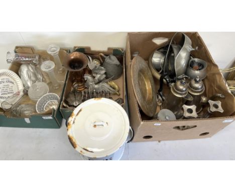 Collection of metalware incl. a pair of Corinthian column candlesticks and silver plated fighting cockerels, kitchenalia, gla