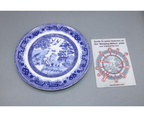 Political interest: Harriet Coles, blue and white 'Weeping Willow' plate from the 'Brexitware' art pottery series, D21cm, wit