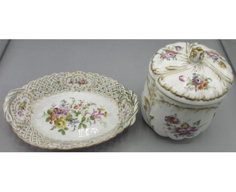 Sitzendorf porcelain jar and cover, painted with floral sprays with gilt detail, printed marks, H20cm, a Meissen oval pierced