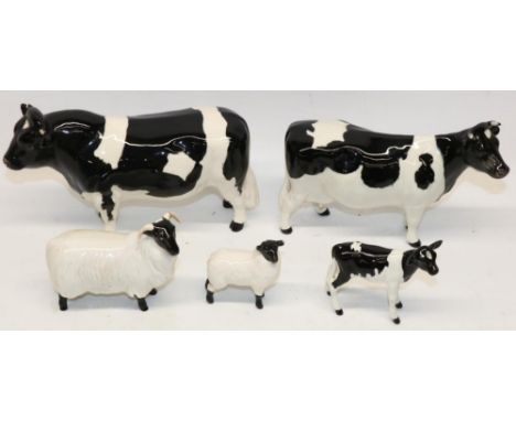Collection of Beswick animals, including Fresian Bull, model 1439A, Fresian Cow model 1362A, Fresian Calf, and two sheep (5) 