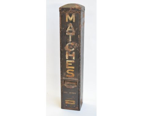 Vintage wall mounted metal match dispensing machine, no key but front removable. H69cm 