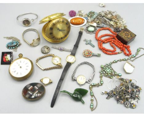 9ct gold ladies Rectax wristwatch on rolled gold bracelet, other ladies wristwatches, a yellow metal travelling clock and a c