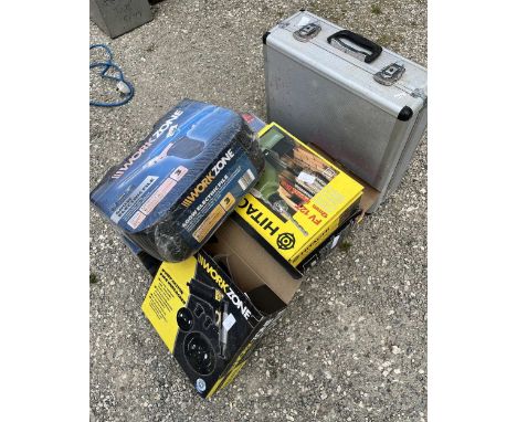 Selection of modern power tools, including an unopened Work Zone 400W Electric file, an unopened air filter regulator, specia