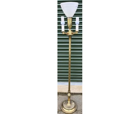 Regency style brass three branch floor lamp, on lobed circular base, H152cm 