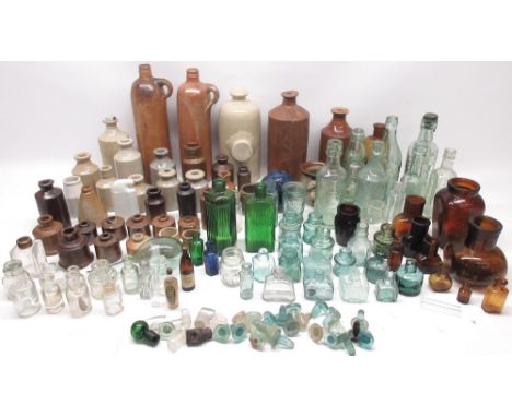 Large collection of various stoneware and glass bottles incl. poison bottles, Bovril bottles, codd-neck glass bottle, ceramic