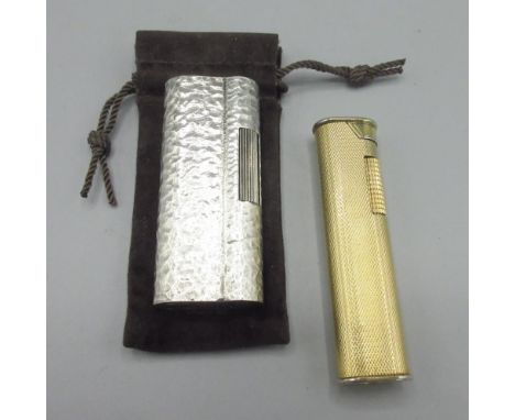 Dunhill Patented gold plated butane cigarette lighter, engine turned decoration, H7.2cm and Dunhill silver plated butane ciga