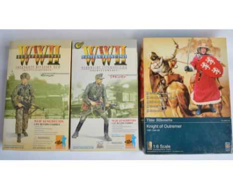 Three boxed 1/6 scale action figures to include Dragon Totenkopf Division NCO 'Herman' and Wehrmacht Unteroffizier 'Steiner' 