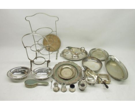 Arts and Crafts hammered silver pepperette by Albert Edward Jones, Birmingham, 1921 3.0ozt, and a collection of silver plate 