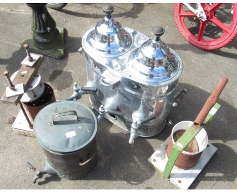 Collection of vintage metalware, including an ornate tea and coffee urn, two vintage apple presses etc. 