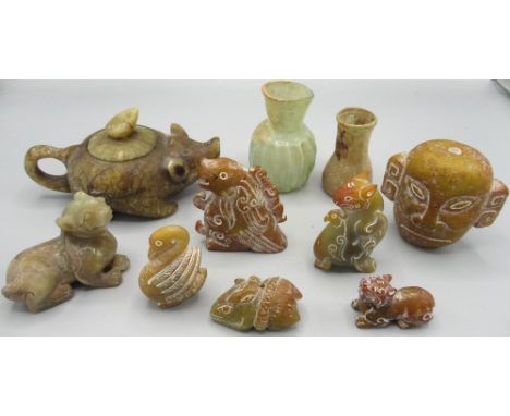 Carved Chinese jade animals and figures incl two Bixie carvings, two mythical creature carvings, Hongshan style jade head, a 