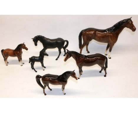 Collection of Beswick horses, predominantly brown gloss, including a Large Hunter, model no. 1734, etc., one horse unmarked, 
