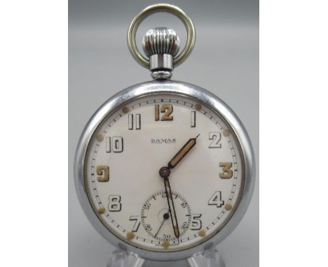 Damas British Military Issue G.S.T.P. chrome keyless pocket watch, signed white Arabic dial, subsidiary seconds, case back st