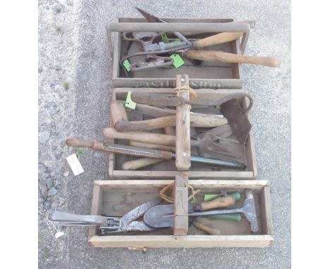 Three vintage wooden tool boxes with a selection of gardening tools, including secateurs, trowels, shears etc. 