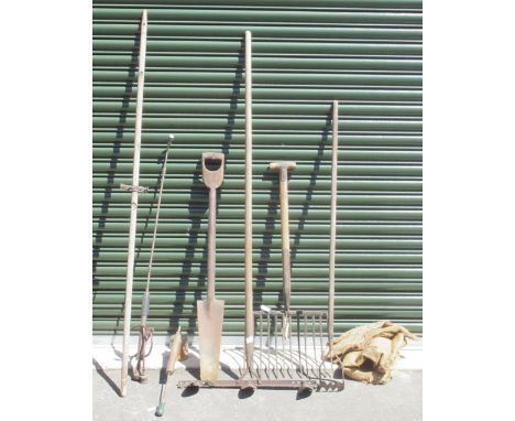 Selection of vintage gardening tools of various styles and uses, including a drill rake, potato fork, narrow spade etc. 