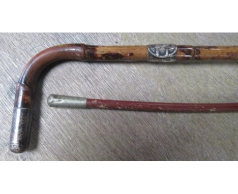 Edwardian bamboo walking stick, with hallmarked silver finial and buckle band. London & Birmingham 1902, and a swagger stick 