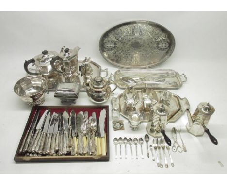 Collection of epns teaware incl, tea and coffee pots, trays, tea caddy, two hot milk or chocolate pots with ebonised handles,